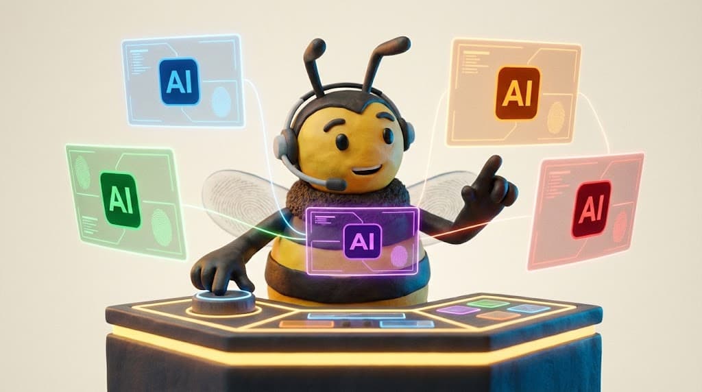 Top-down clay game board — MUSU bee at golden hex center, three paths to AI Hub (blue), MCP Hub (green), Machine Hub (purple)