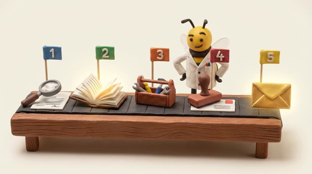 Bee watching 5-station assembly line producing golden prompt envelope