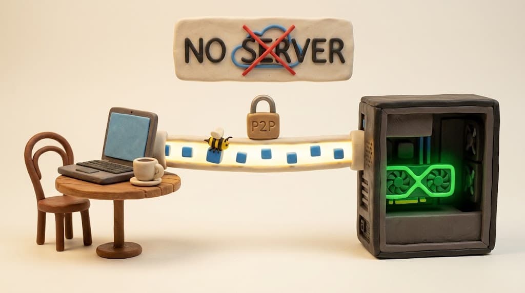 Laptop at cafe connected to desktop GPU via encrypted P2P tunnel — NO SERVER sign above